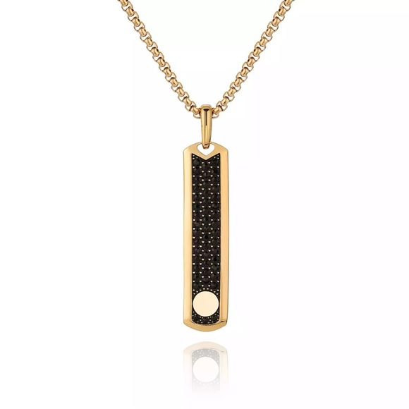 Yellow gold plated stainless steel black crystal tag pendant on chain. - Picture 1 of 2